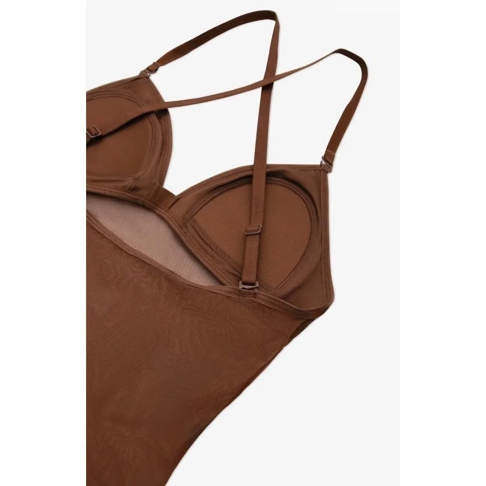 Capezio Plunge Neck Mesh Midriff Leotard skintone 60 brown CM NWT child medium